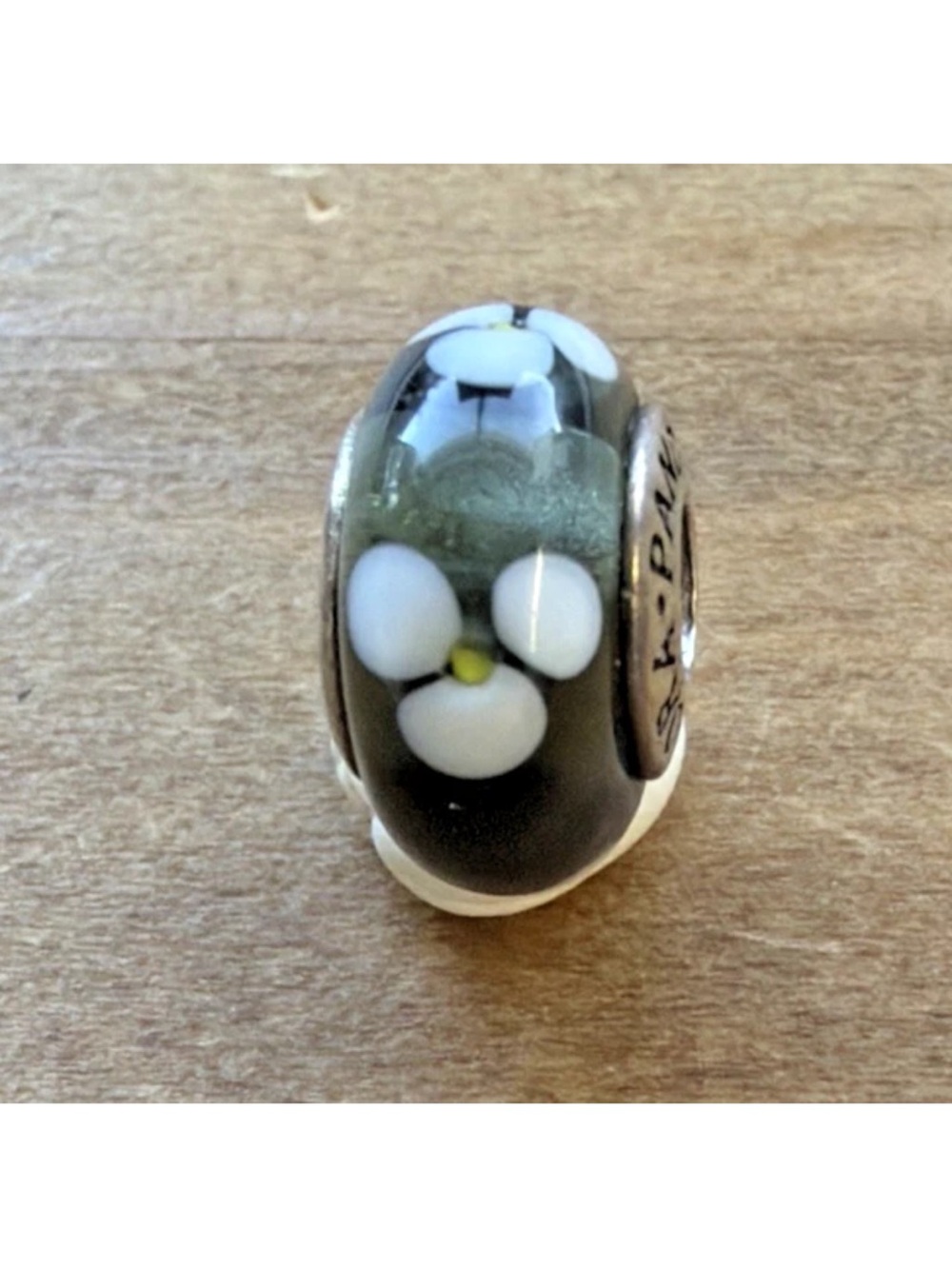 Pandora Grey & White Flowers Murano Glass Charm ALE 925 Sterling Retired